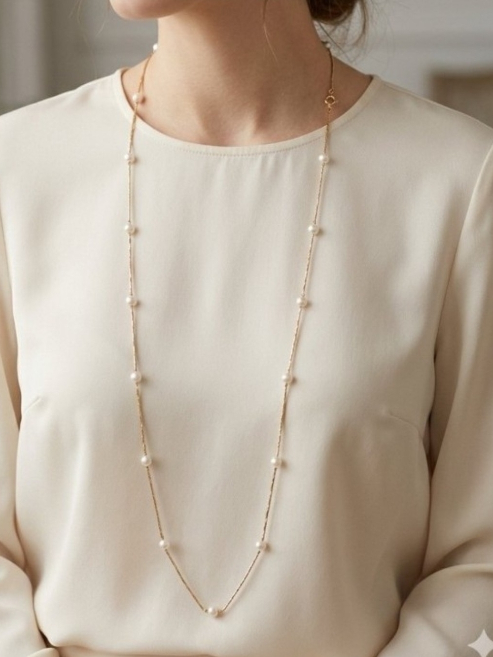 Vintage Gold Tone Faux Pearl Station Opera Length Necklace 30"